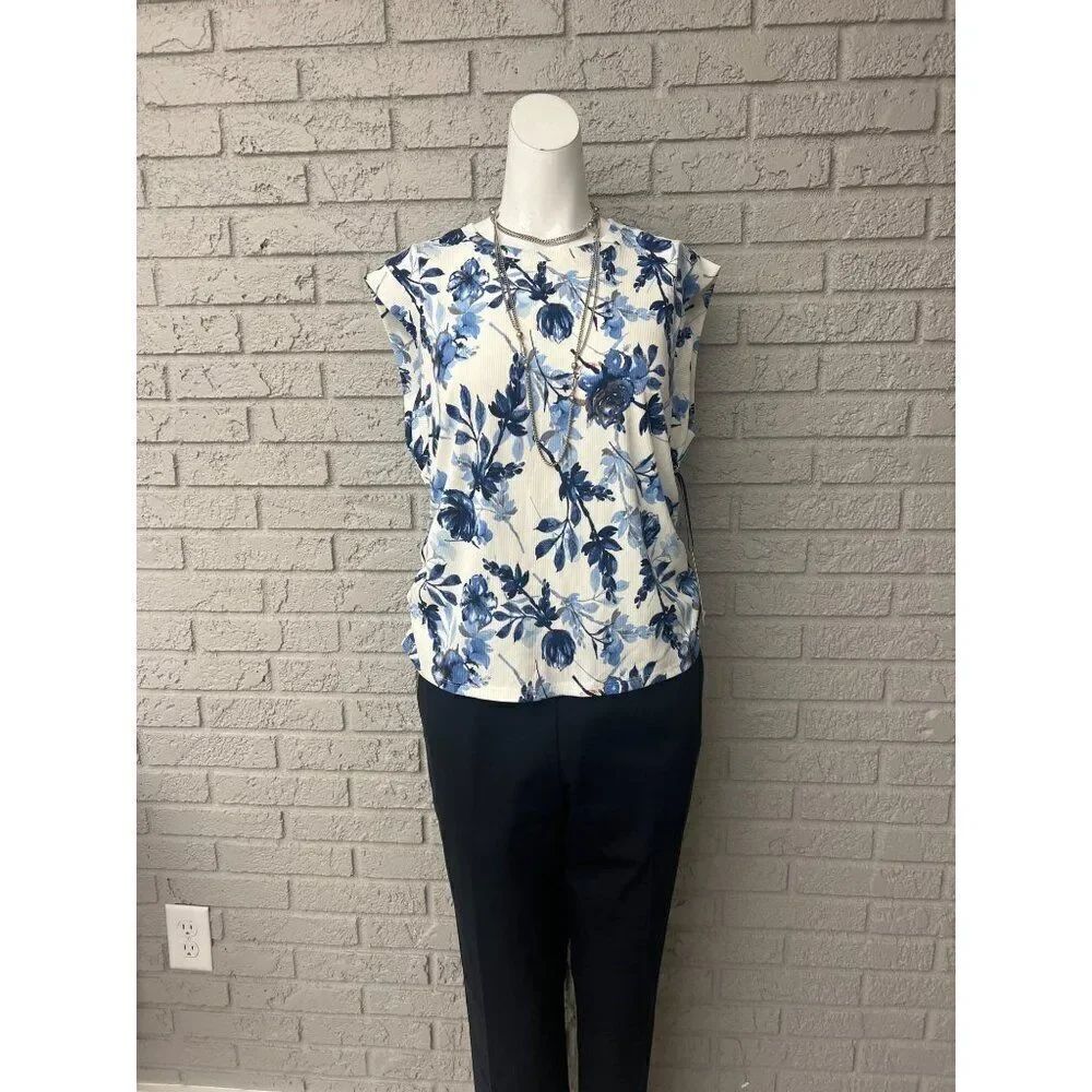Rachel Roy Women Blue Floral Size Ruched Top Size L
